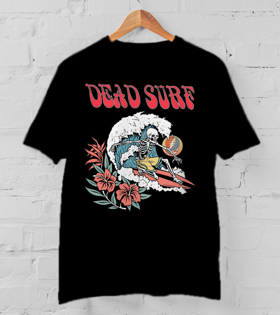 Dead Surf Skeleton Riding Wave With Hibiscus Flowers And Full Moon T-Shirt