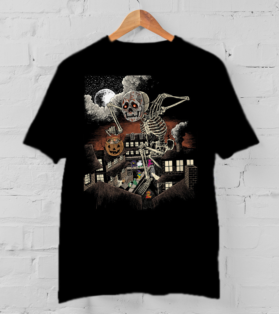 Halloween Skeleton Monster Under Full Moon With Pumpkin Over Houses T-Shirt