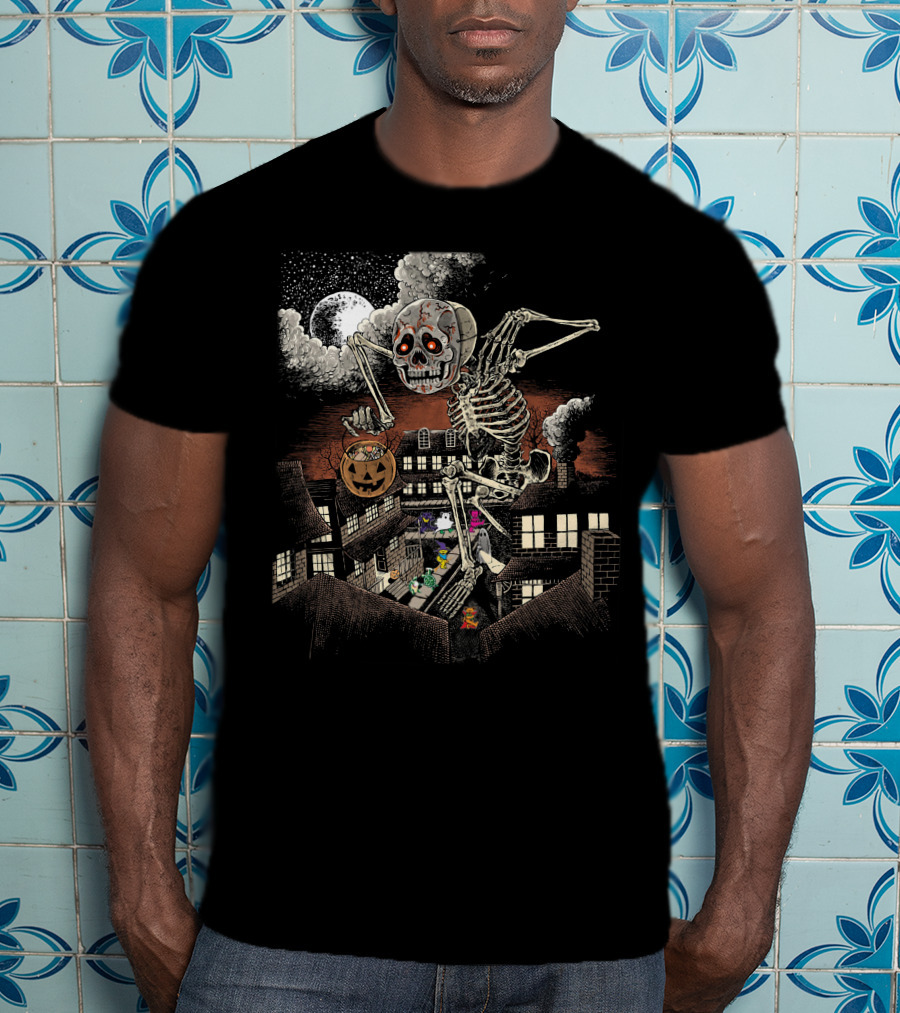 Halloween Skeleton Monster Under Full Moon With Pumpkin Over Houses T-Shirt