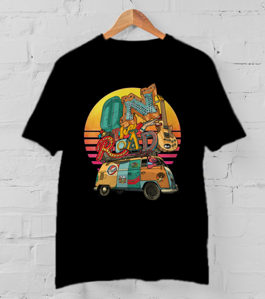 On The Road Retro Sunset Van And Guitar Adventure T-Shirt