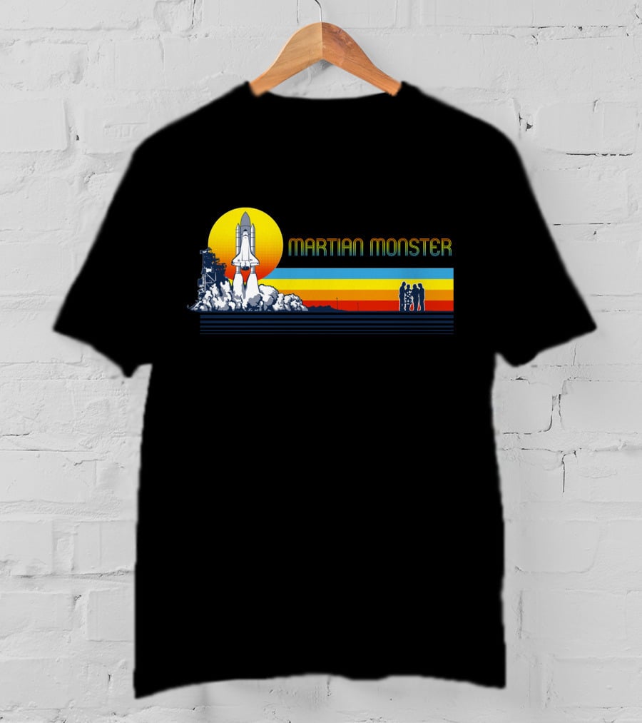Martian Monster Space Shuttle Launch Rocket Silhouette Retro Sunset T-Shirt