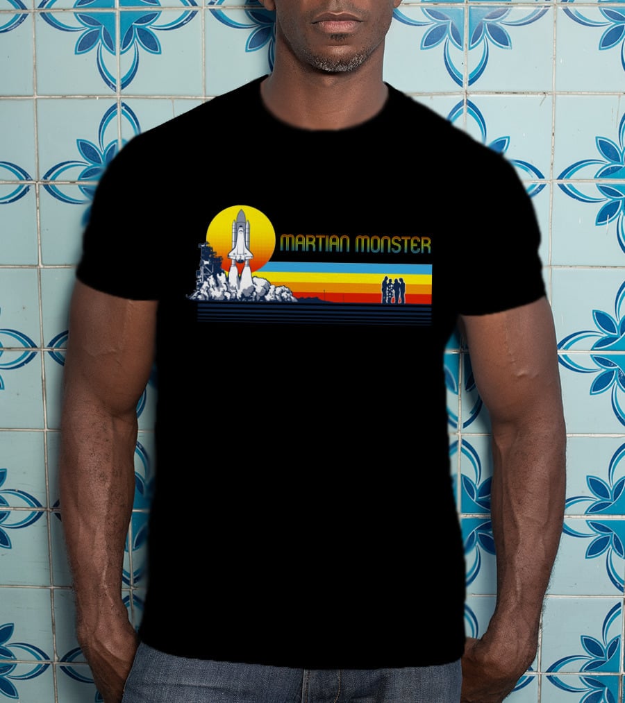 Martian Monster Space Shuttle Launch Rocket Silhouette Retro Sunset T-Shirt