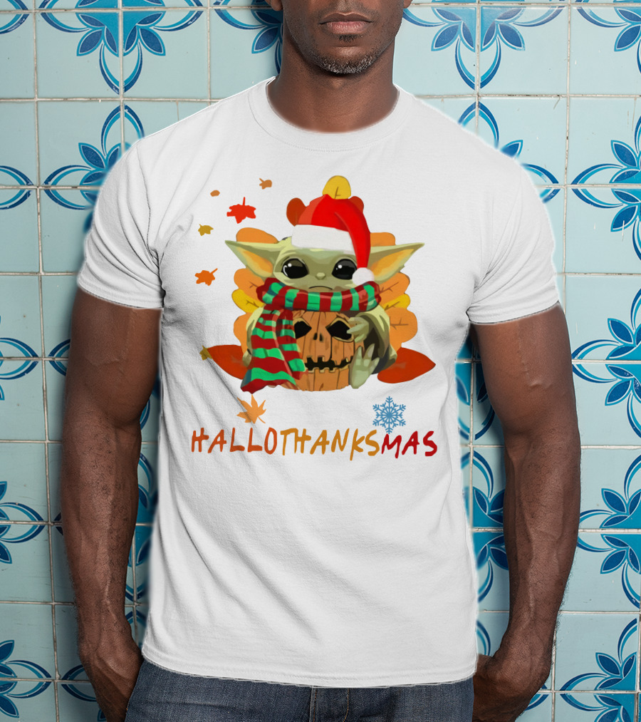 Happy Hallothanksmas Baby Yoda Pumpkin Santa Hat Fall Leaves Snowflake T-Shirt