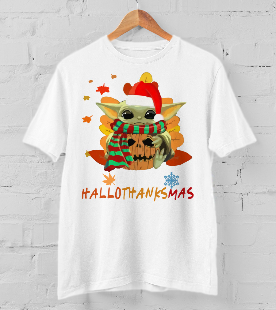 HALLOTHANKSMAS Baby Yoda Pumpkin Scarf Santa Hat Leaves Snowflake T-Shirt