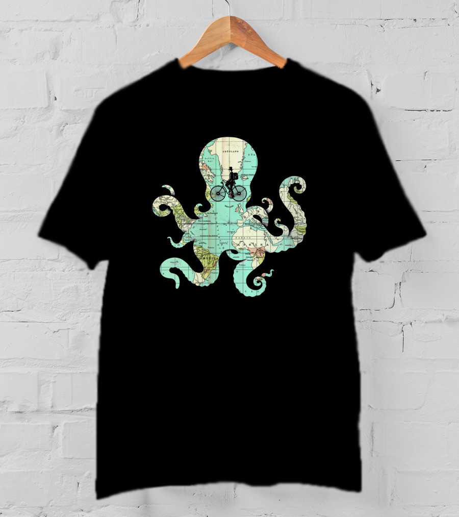 All Around The World Map Octopus Bicycle Ocean Adventure 1740365 T-Shirt