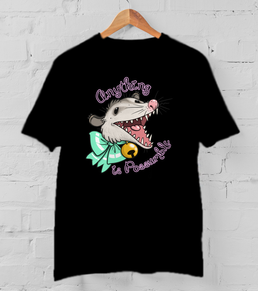 Anything Is Possumble Cute Cartoon Opossum With Bow And Bell T-Shirt