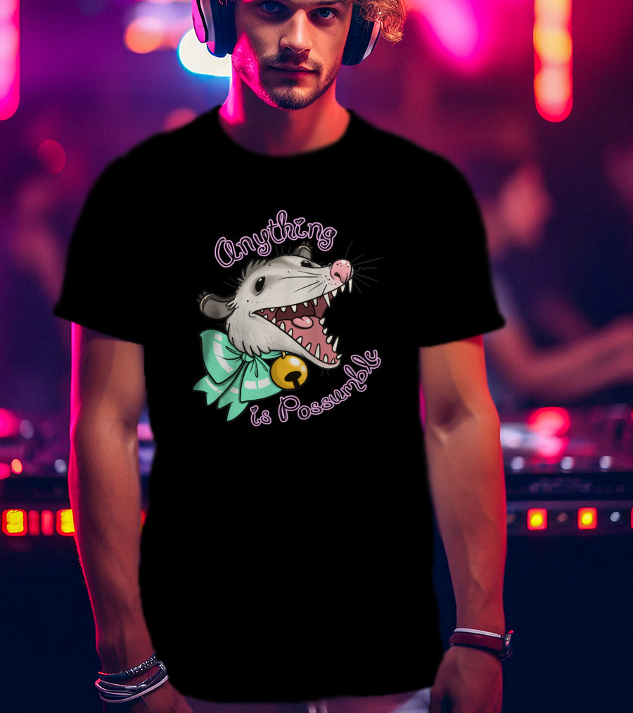 Anything Is Possumble Cute Cartoon Opossum With Bow And Bell T-Shirt
