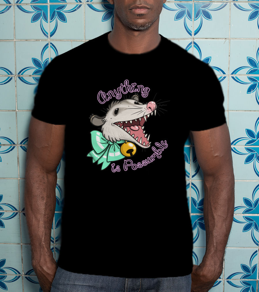 Anything Is Possumble Cute Cartoon Opossum With Bow And Bell T-Shirt