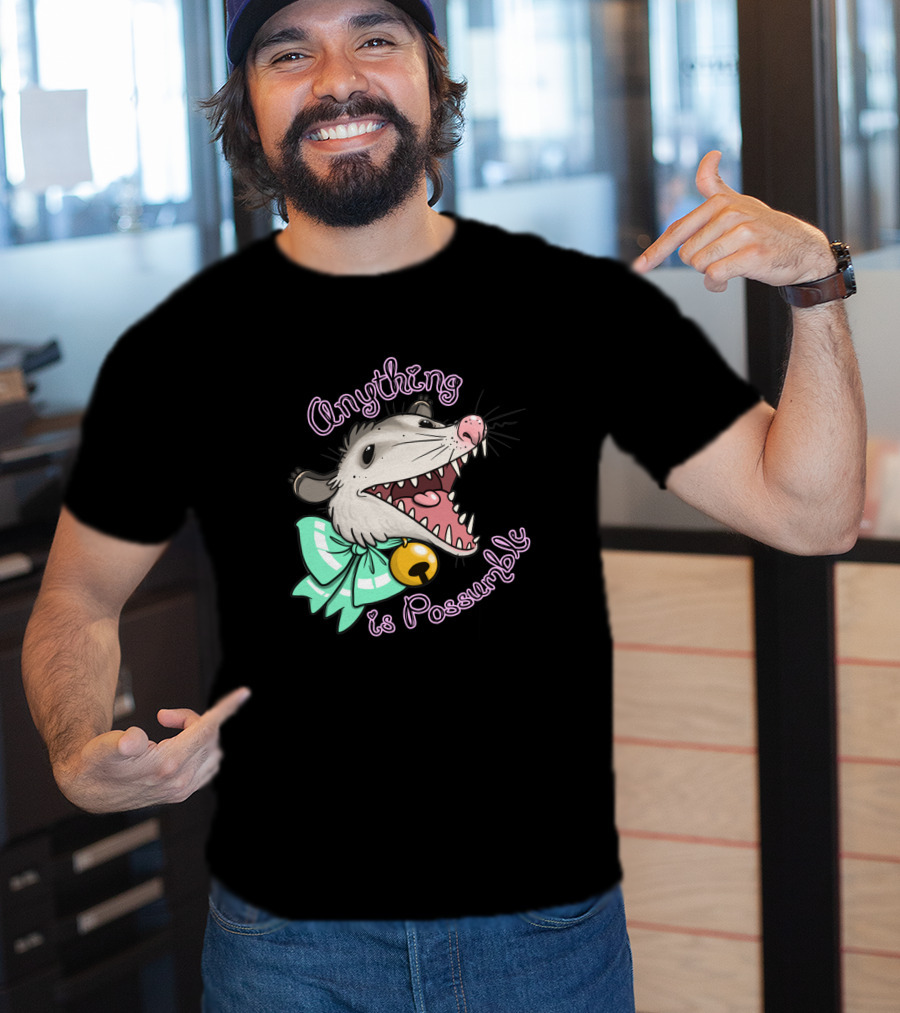 Anything Is Possumble Cute Cartoon Opossum With Bow And Bell T-Shirt