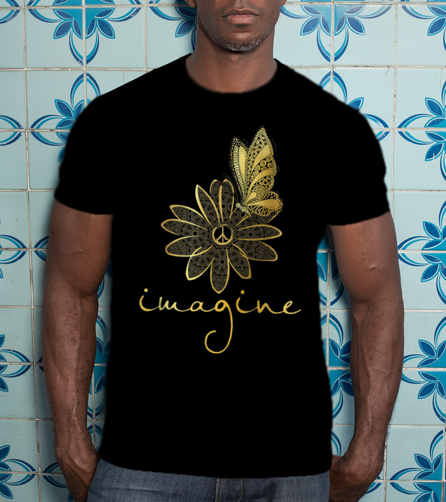 Imagine Flower Butterfly Peace Mandala T-Shirt