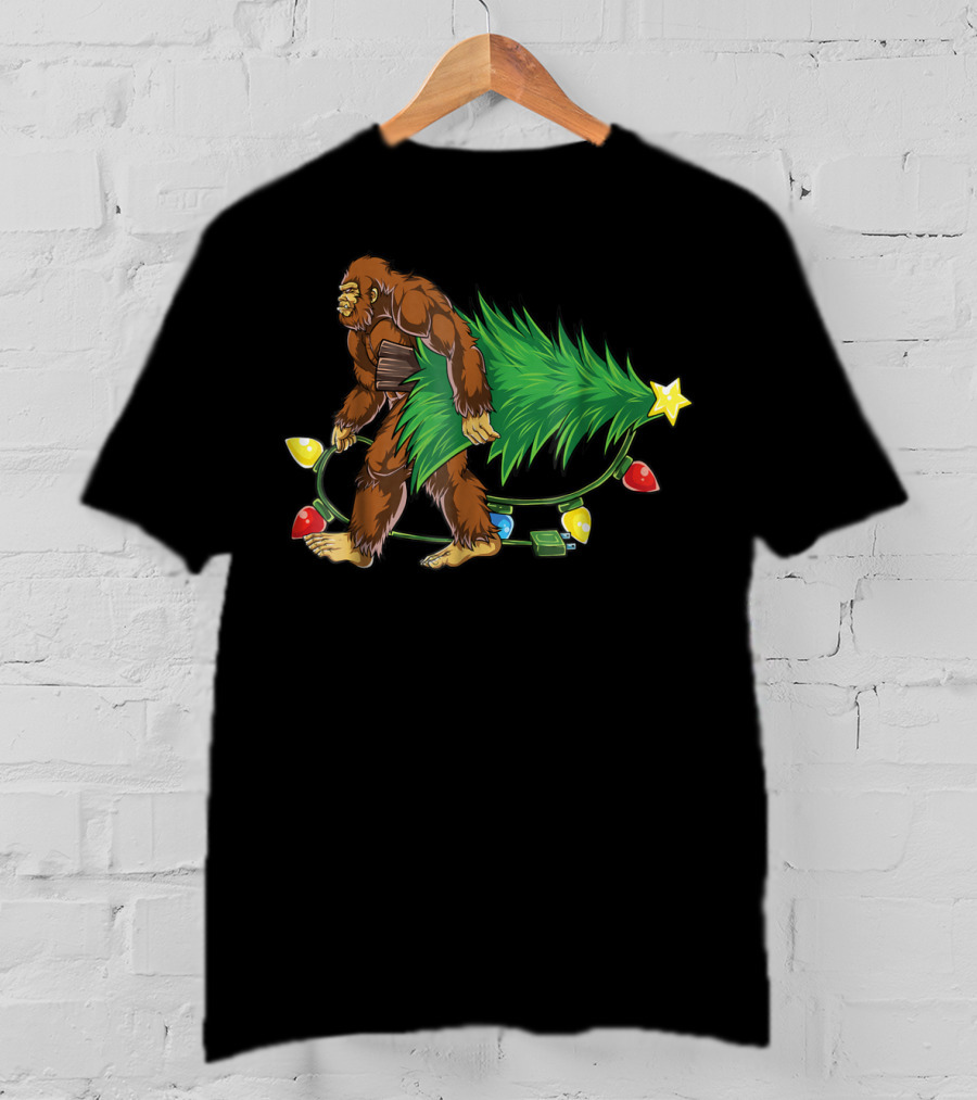 Bigfoot Sasquatch Christmas Tree With Lights Santa4 T-Shirt
