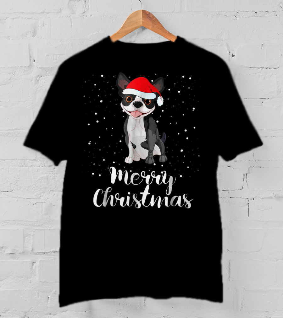 Merry Christmas Boston Terrier Santa Hat Matching Family Group T-Shirt
