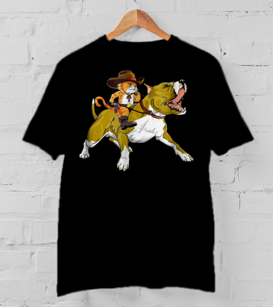 Cat Riding Pitbull Funny Kitty Kitten Cowboy Hat Gif16 T-Shirt