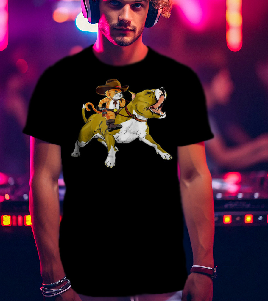 Cat Riding Pitbull Funny Kitty Kitten Cowboy Hat Gif16 T-Shirt