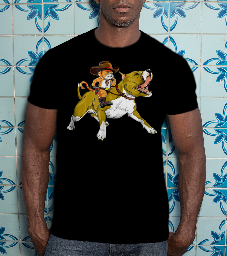 Cat Riding Pitbull Funny Kitty Kitten Cowboy Hat Gif16 T-Shirt