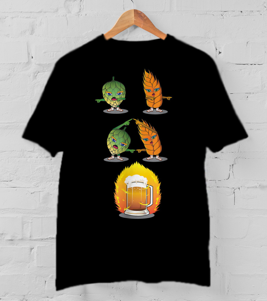Funny Beer Fusion Hop And Malt Characters With Beer Mug Explosion T-Shirt