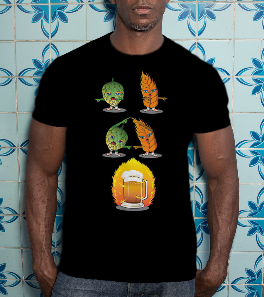 Funny Beer Fusion Hop And Malt Characters With Beer Mug Explosion T-Shirt