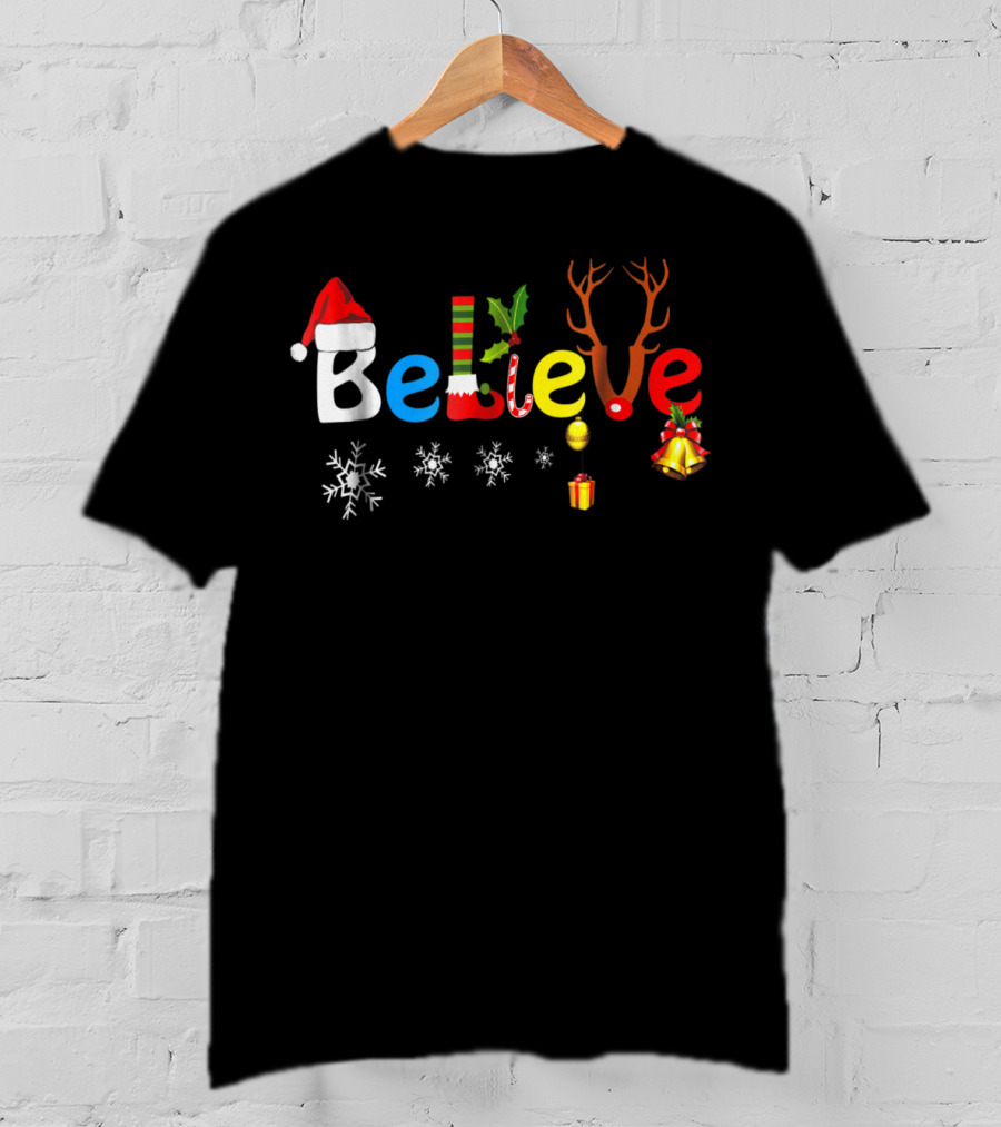 Believe Funny Christmas Santa Elf Reindeer Holiday Icons T-Shirt