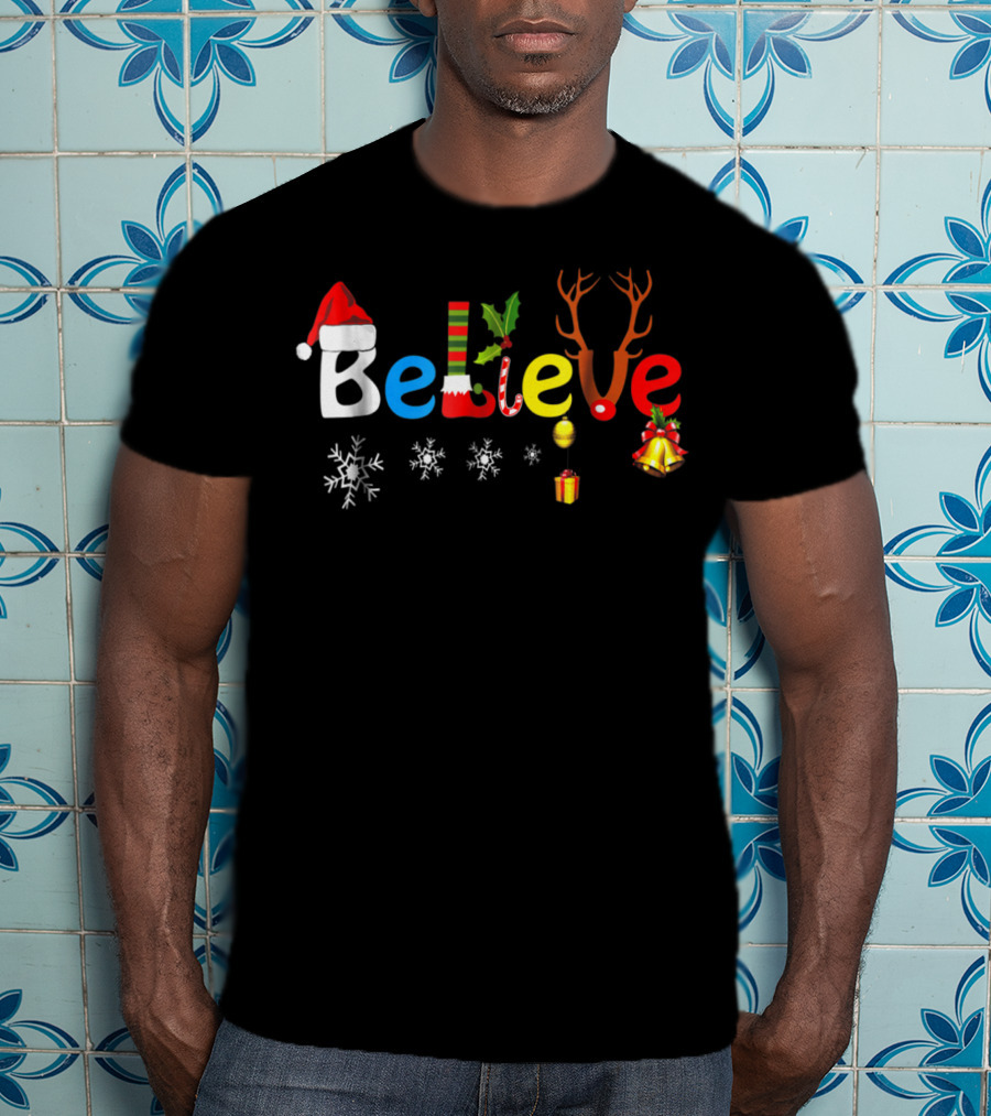 Believe Funny Christmas Santa Elf Reindeer Holiday Icons T-Shirt