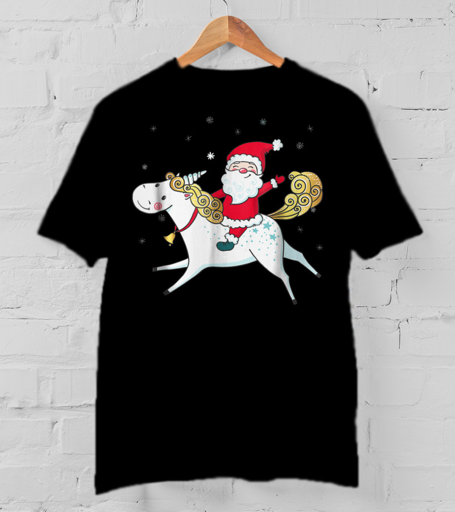 Funny Santa Claus Riding A Unicorn Christmas Noel T-Shirt
