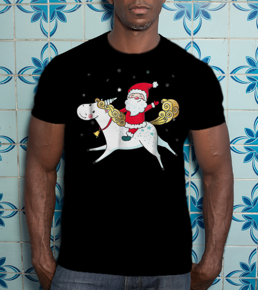 Funny Santa Claus Riding A Unicorn Christmas Noel T-Shirt