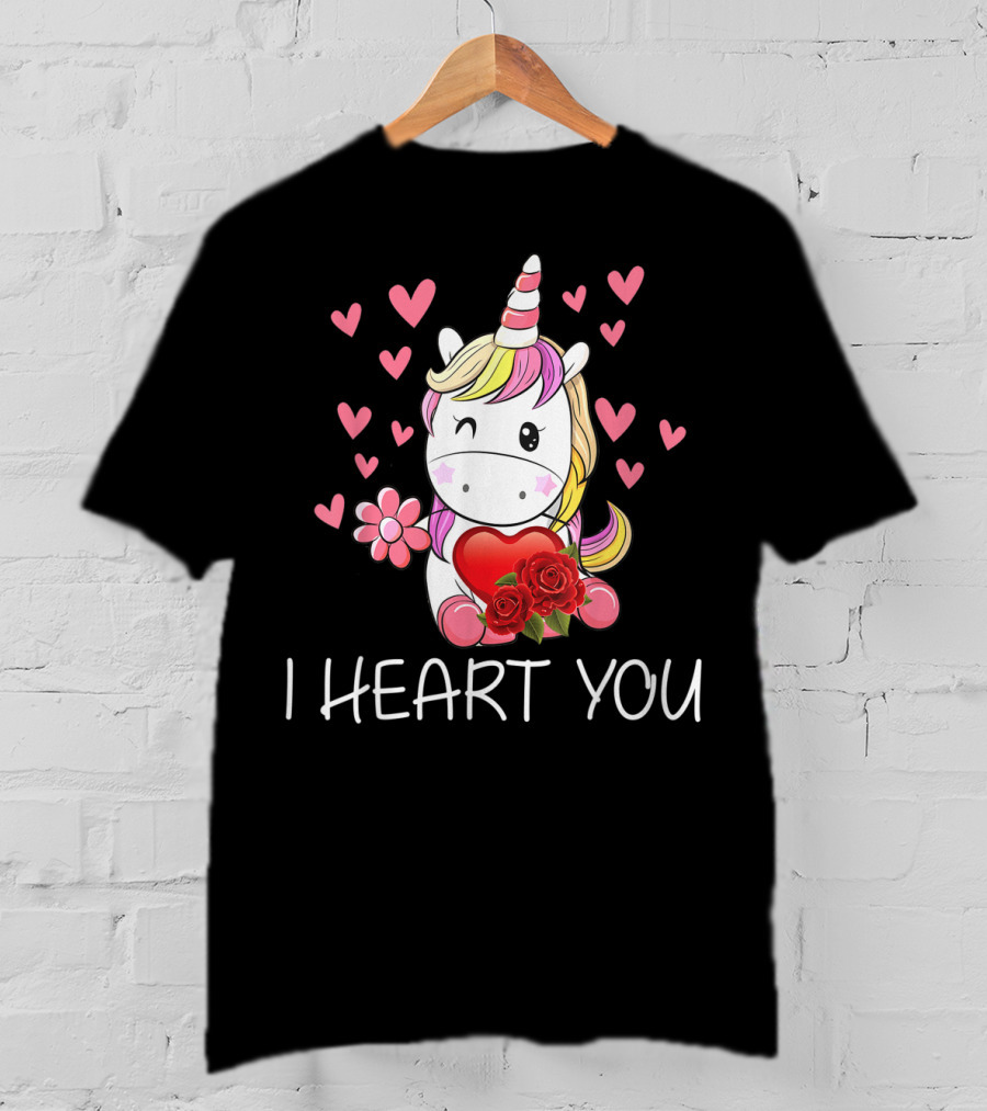 Girls Cute Unicorn I Heart You Valentines Day Hearts Roses T-Shirt