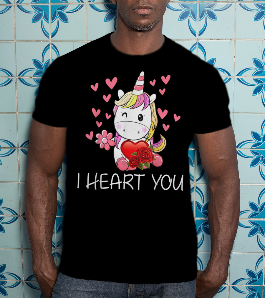 Girls Cute Unicorn I Heart You Valentines Day Hearts Roses T-Shirt