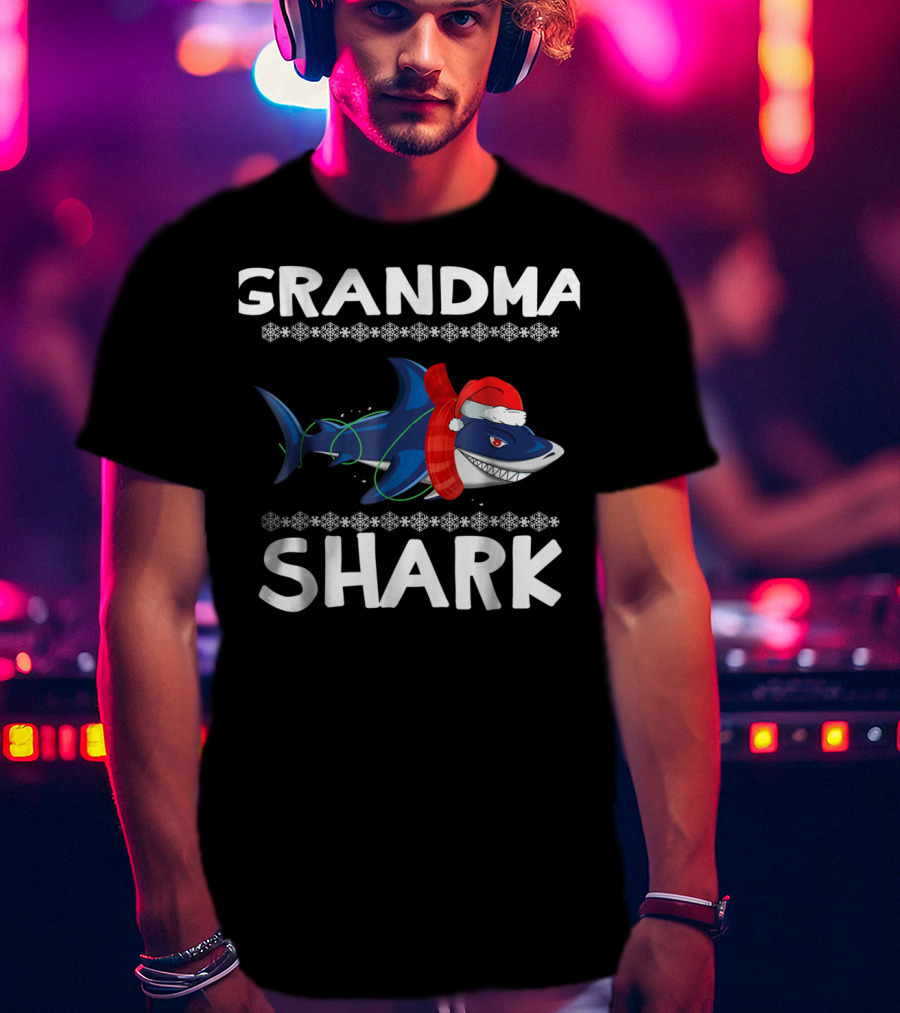 Grandma Shark Ugly Christmas With Santa Hat And Scarf T-Shirt