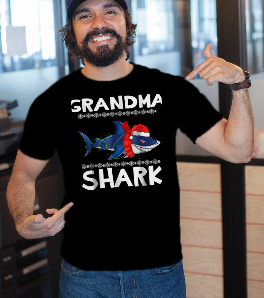 Grandma Shark Ugly Christmas With Santa Hat And Scarf T-Shirt