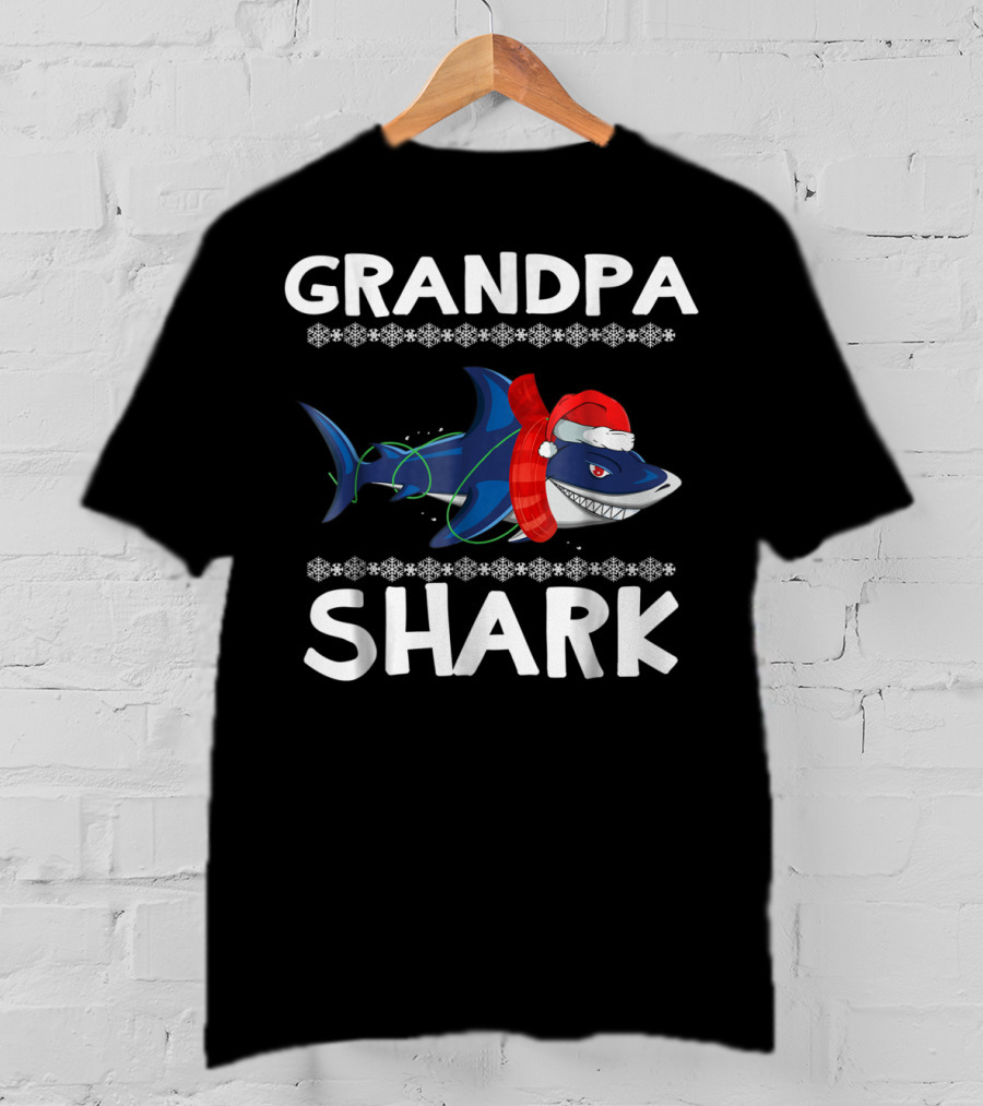 Grandpa Shark Christmas With Santa Hat And Holiday Lights T-Shirt