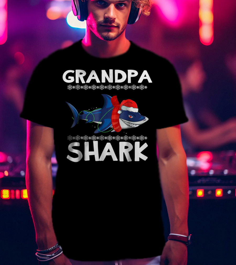 Grandpa Shark Christmas With Santa Hat And Holiday Lights T-Shirt
