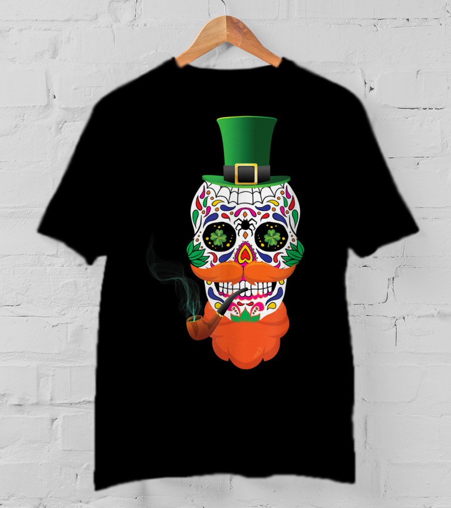 Irish Sugar Skull Leprechaun St Patricks Day Clover Pipe Hat Colorful T-Shirt