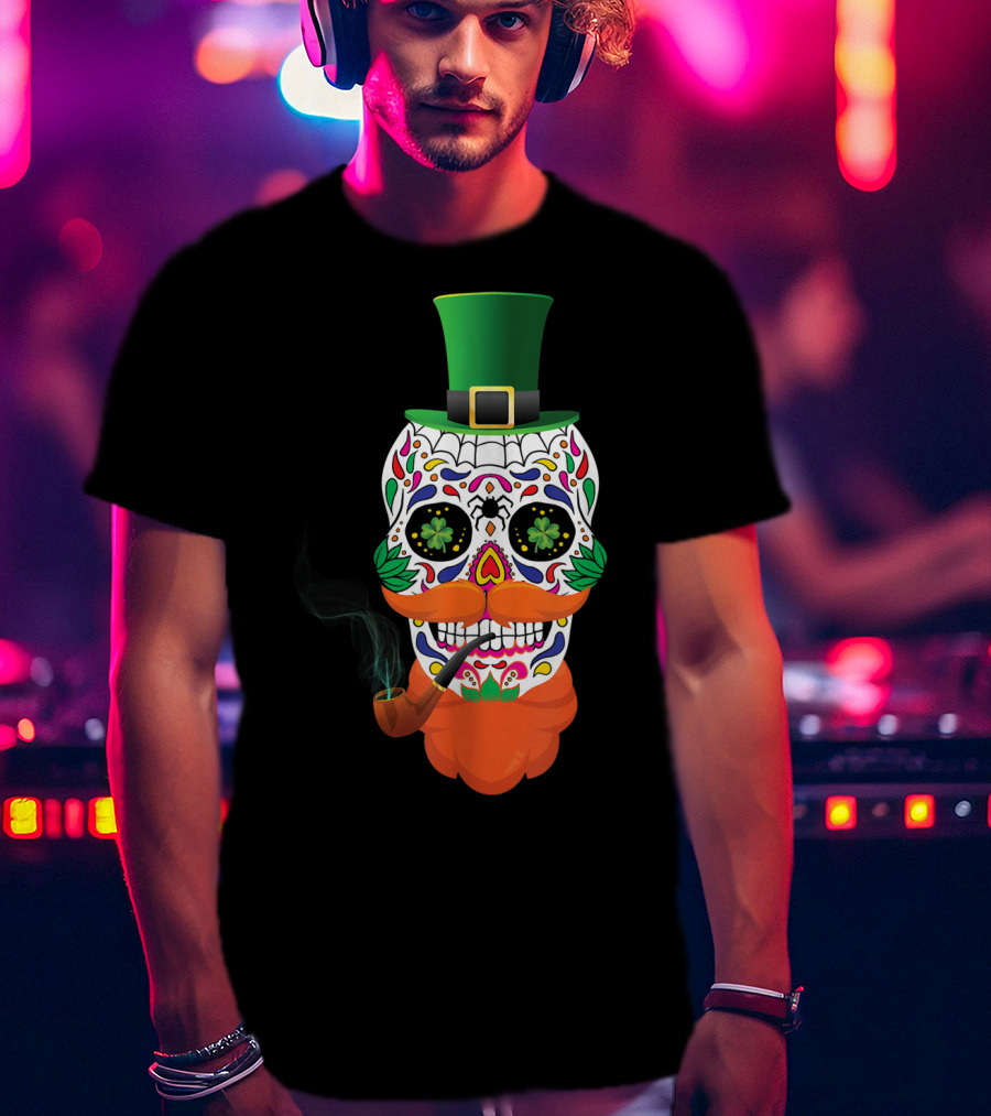 Irish Sugar Skull Leprechaun St Patricks Day Clover Pipe Hat Colorful T-Shirt