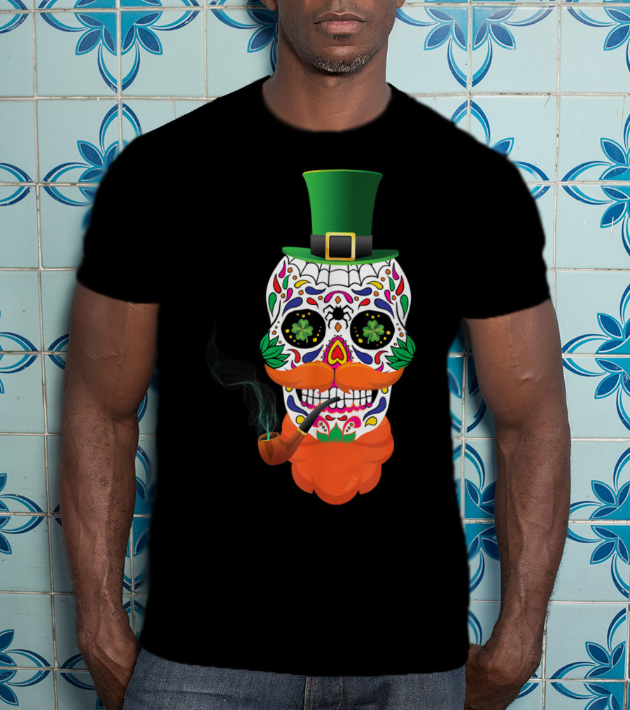 Irish Sugar Skull Leprechaun St Patricks Day Clover Pipe Hat Colorful T-Shirt