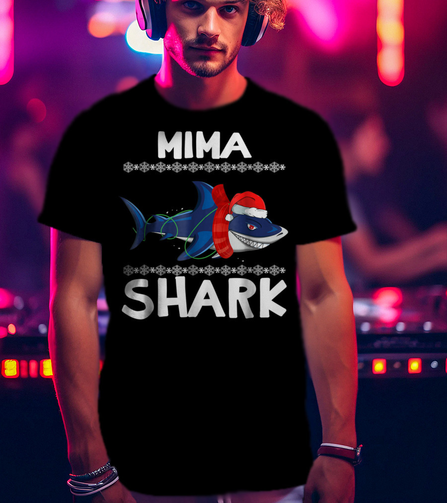 Mima Shark Christmas Family Santa Hat Snowflakes T-Shirt