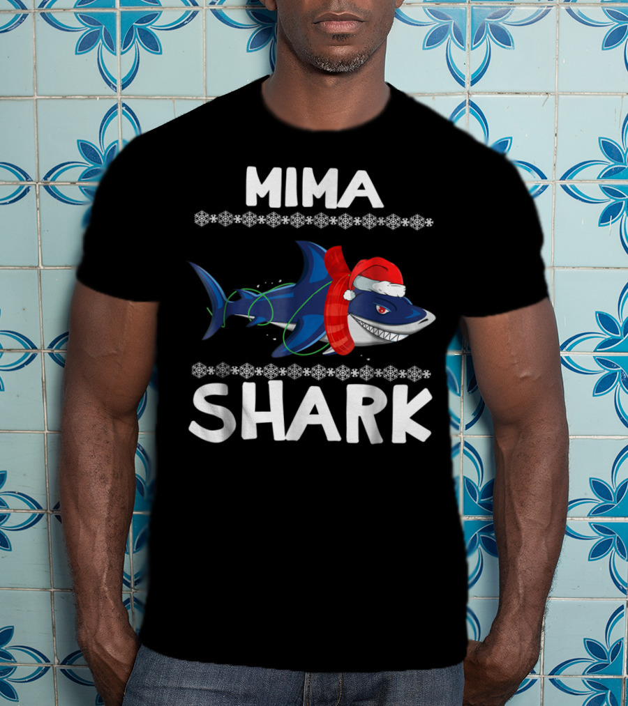 Mima Shark Christmas Family Santa Hat Snowflakes T-Shirt
