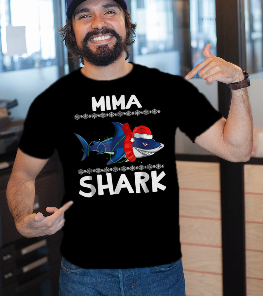 Mima Shark Christmas Family Santa Hat Snowflakes T-Shirt