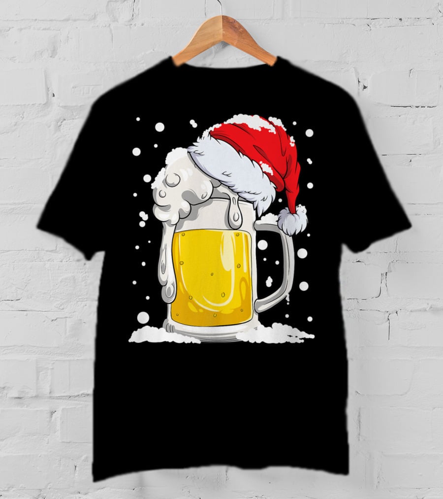 Beer Mug Wearing Santa Hat Surrounded By Snowflakes T-Shirt