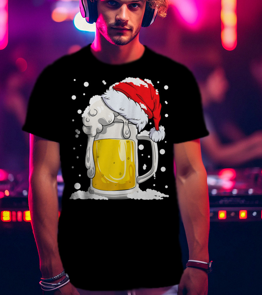 Beer Mug Wearing Santa Hat Surrounded By Snowflakes T-Shirt