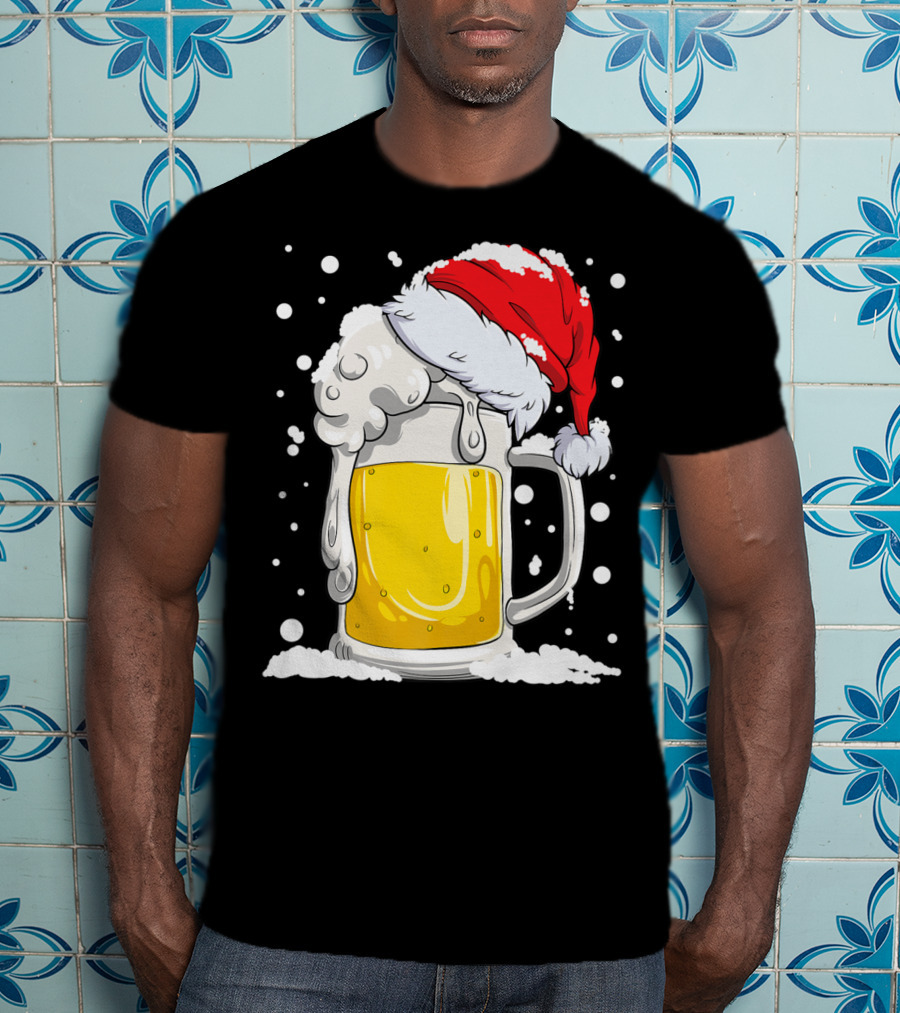 Beer Mug Wearing Santa Hat Surrounded By Snowflakes T-Shirt
