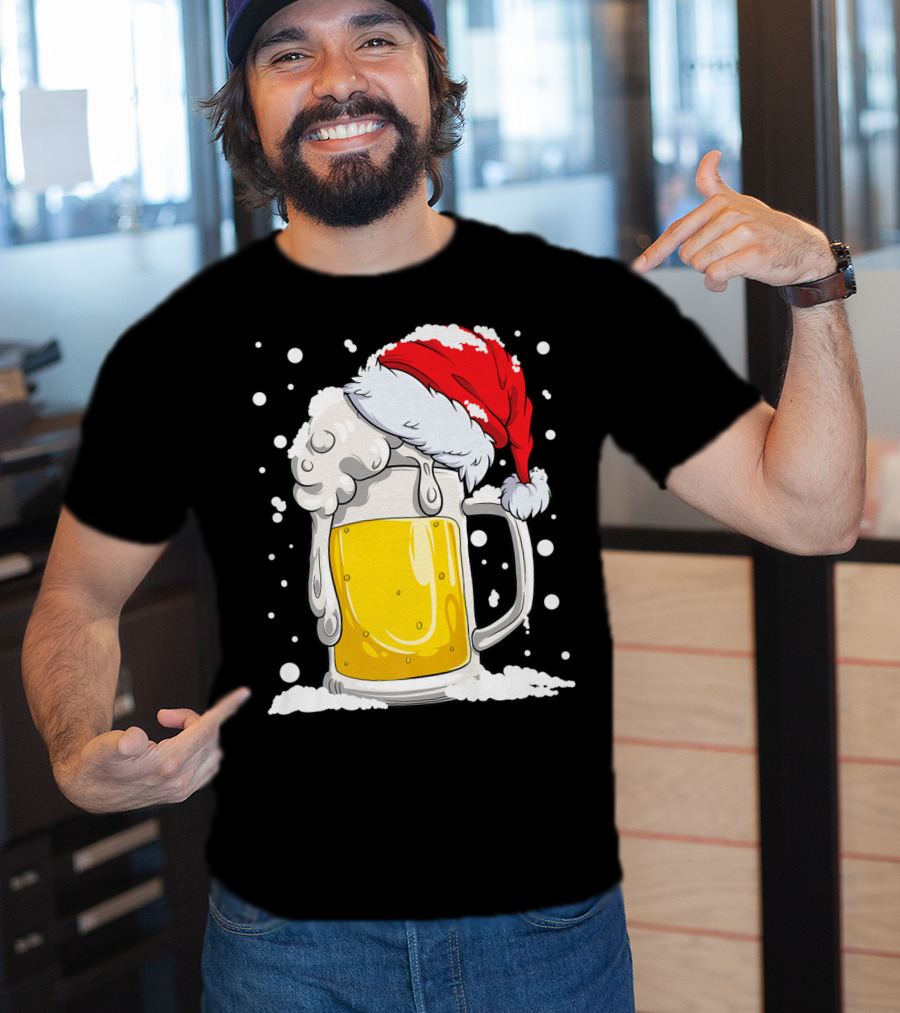 Beer Mug Wearing Santa Hat Surrounded By Snowflakes T-Shirt