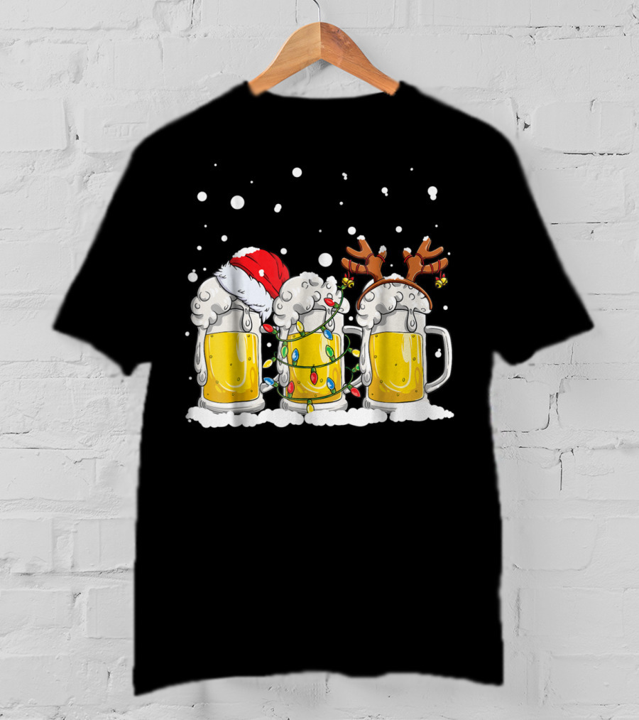 Beer Christmas Santa Hat Reindeer Antlers Xmas Lights T-Shirt