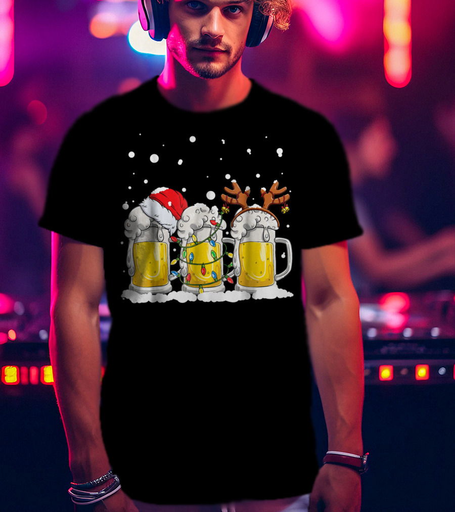 Beer Christmas Santa Hat Reindeer Antlers Xmas Lights T-Shirt