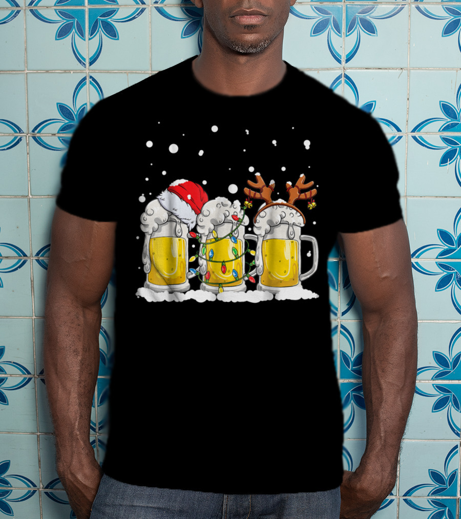 Beer Christmas Santa Hat Reindeer Antlers Xmas Lights T-Shirt