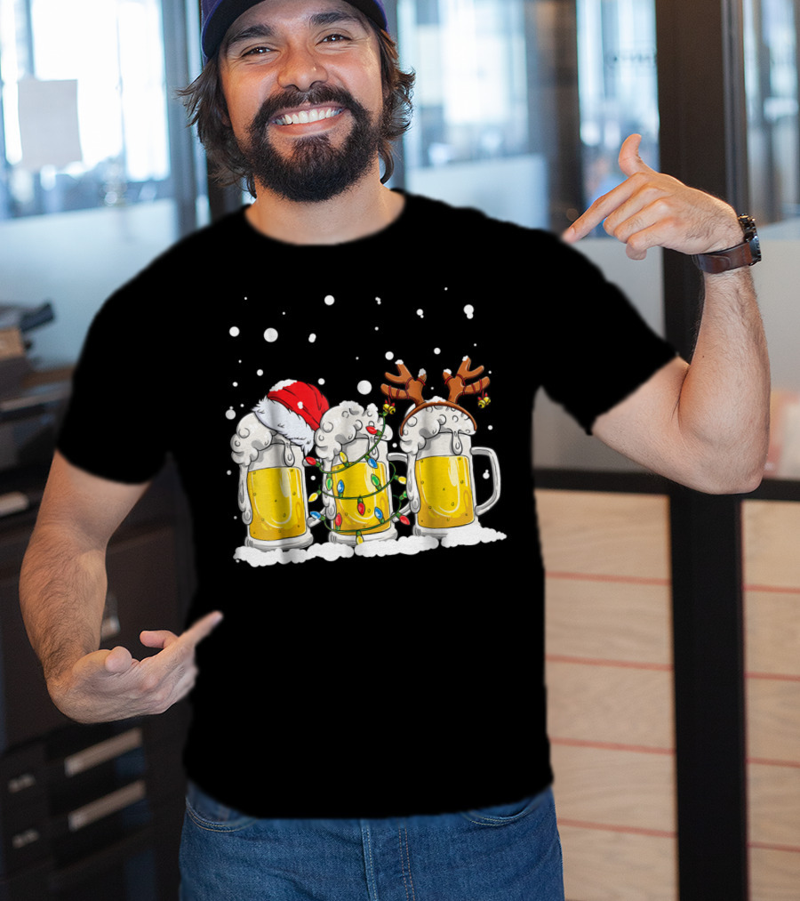 Beer Christmas Santa Hat Reindeer Antlers Xmas Lights T-Shirt