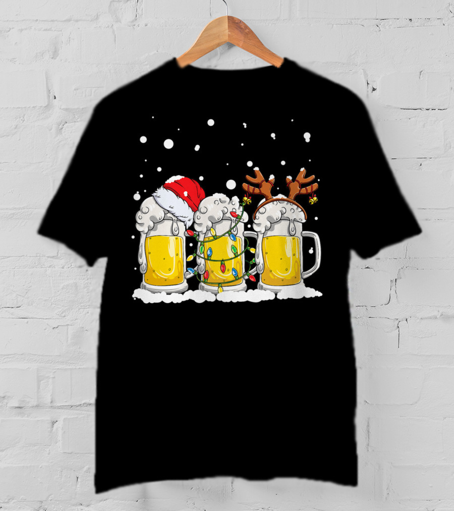Beer Santa Christmas Lights Reinbeer Holiday Cheers T-Shirt