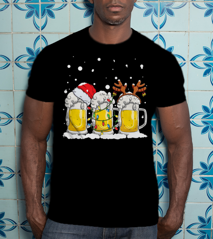 Beer Santa Christmas Lights Reinbeer Holiday Cheers T-Shirt