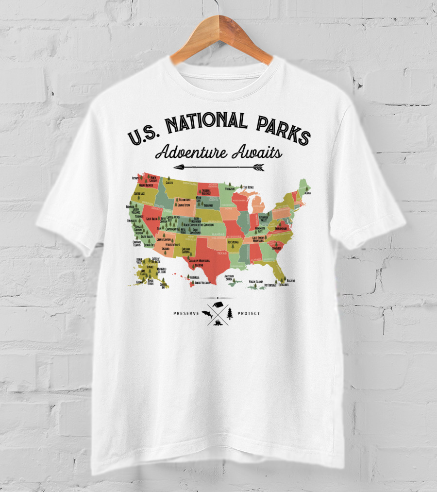 U.S. National Parks Adventure Awaits Map Preserve Protect Vintage Camping Hiking 59 US T-Shirt