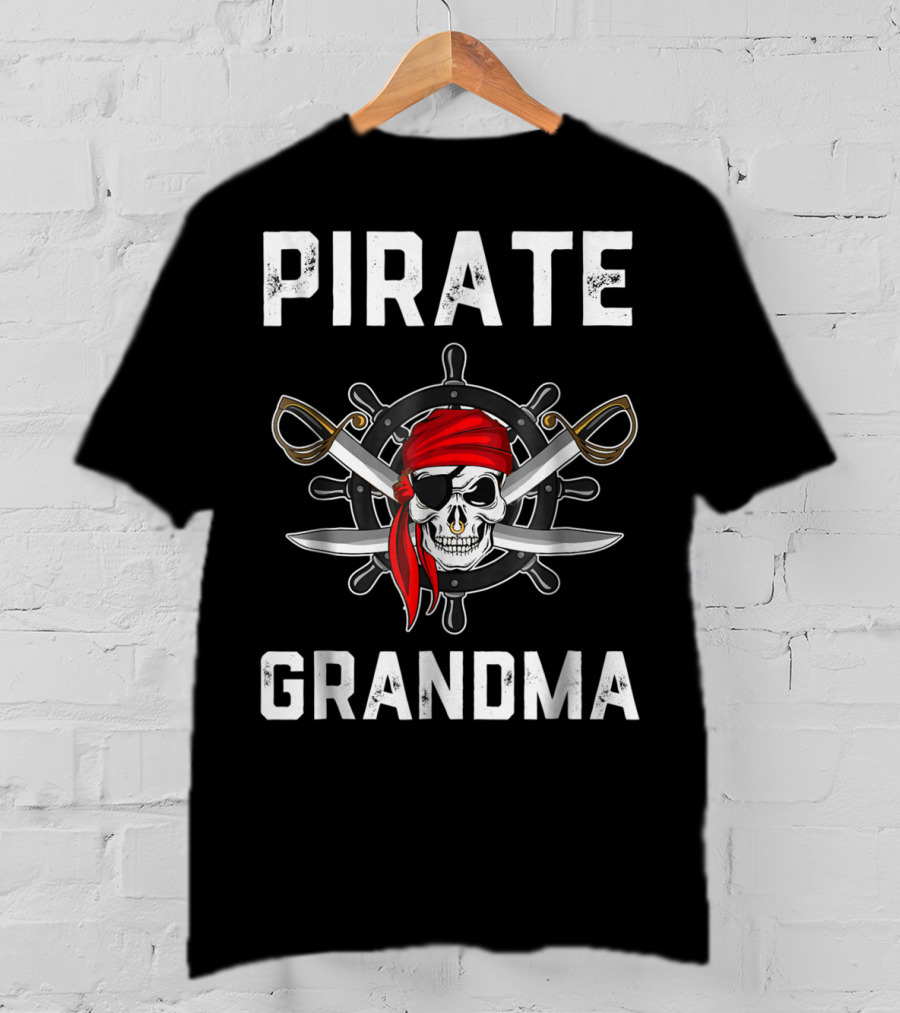 Pirate Grandma Skull Bandana Wheel Crossed Swords T-Shirt