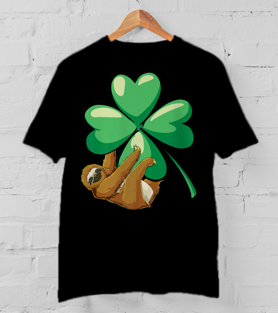 Sloth Hugging Shamrock St Patricks Day Women Girls Lucky Charm T-Shirt